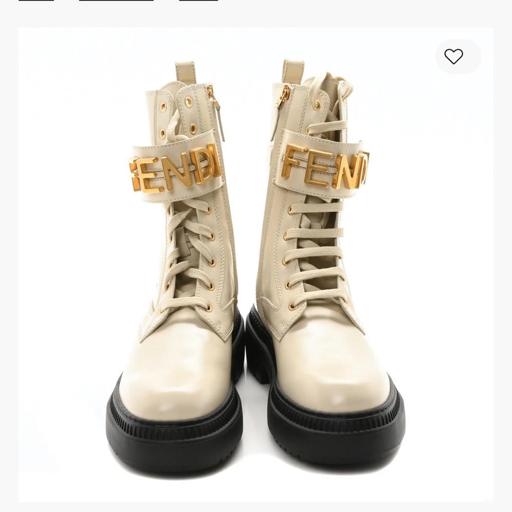 Fendi Cream and Black Combat Boots with Gold Accents